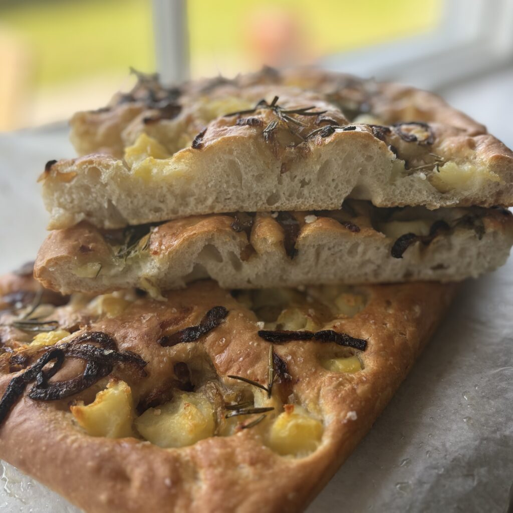 Focaccia with potatoes , caramelised onions ad fresh rosemary