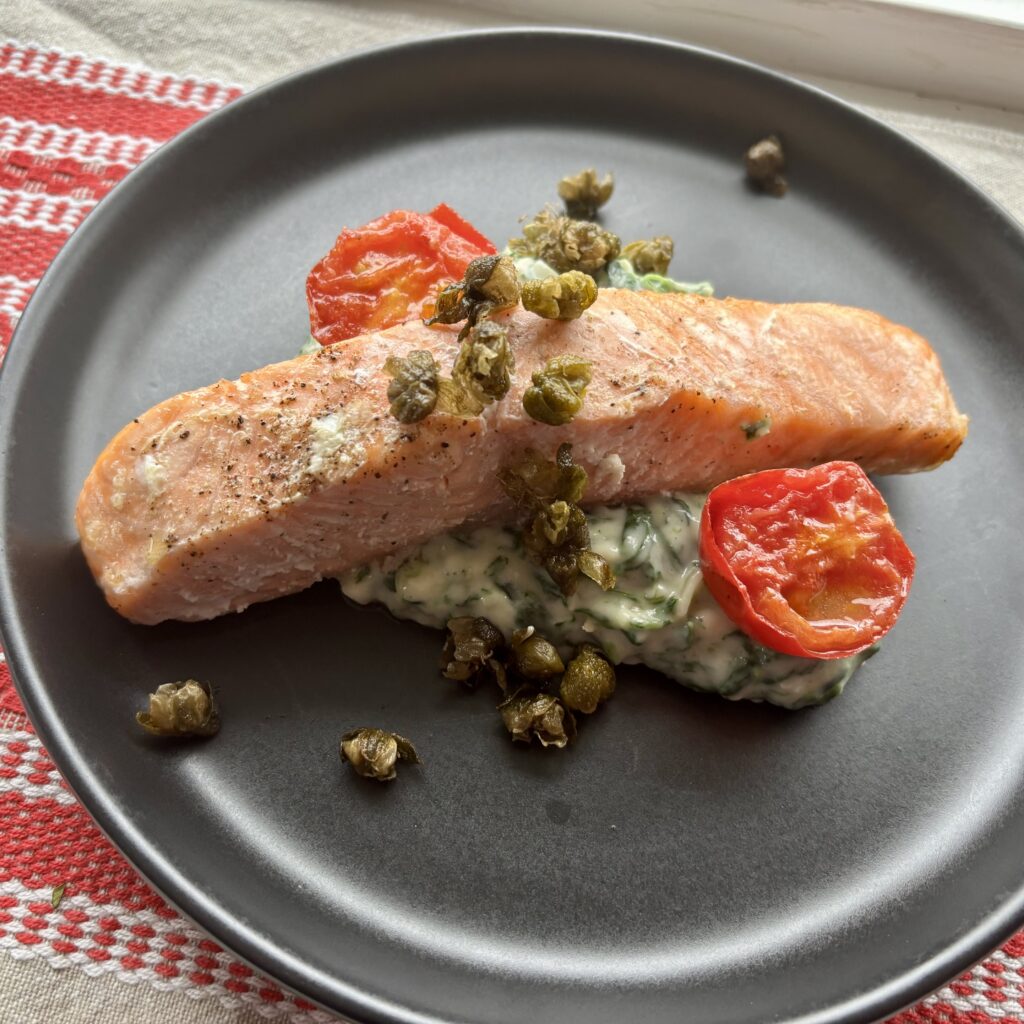 Baked Salmon with Creamy Spinach and Crispy Fried Capers