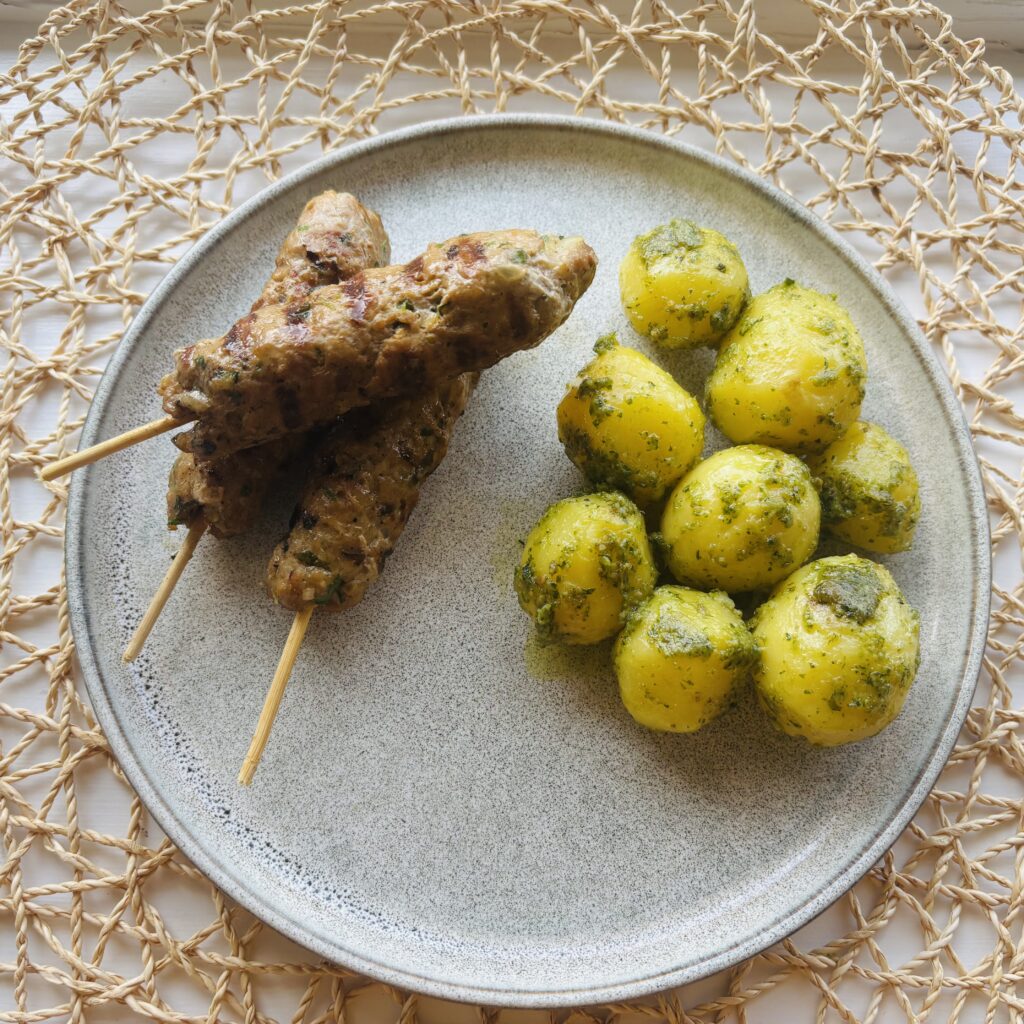 New Potatoes with Pesto & Juicy Veal Kofta